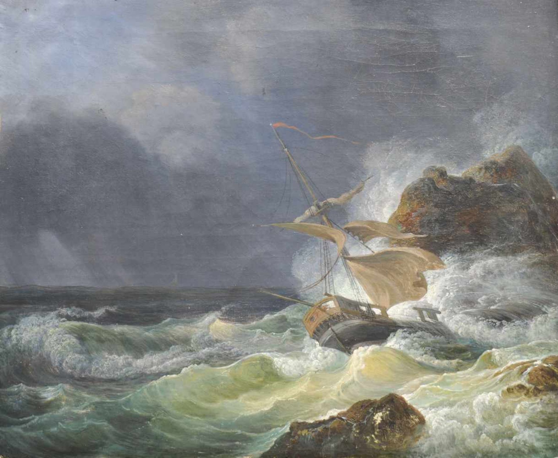 Maler des 19. Jahrhunderts/Pittore dellOttocento Segelschiff im Sturm;Öl auf Leinwand, 26 x 31