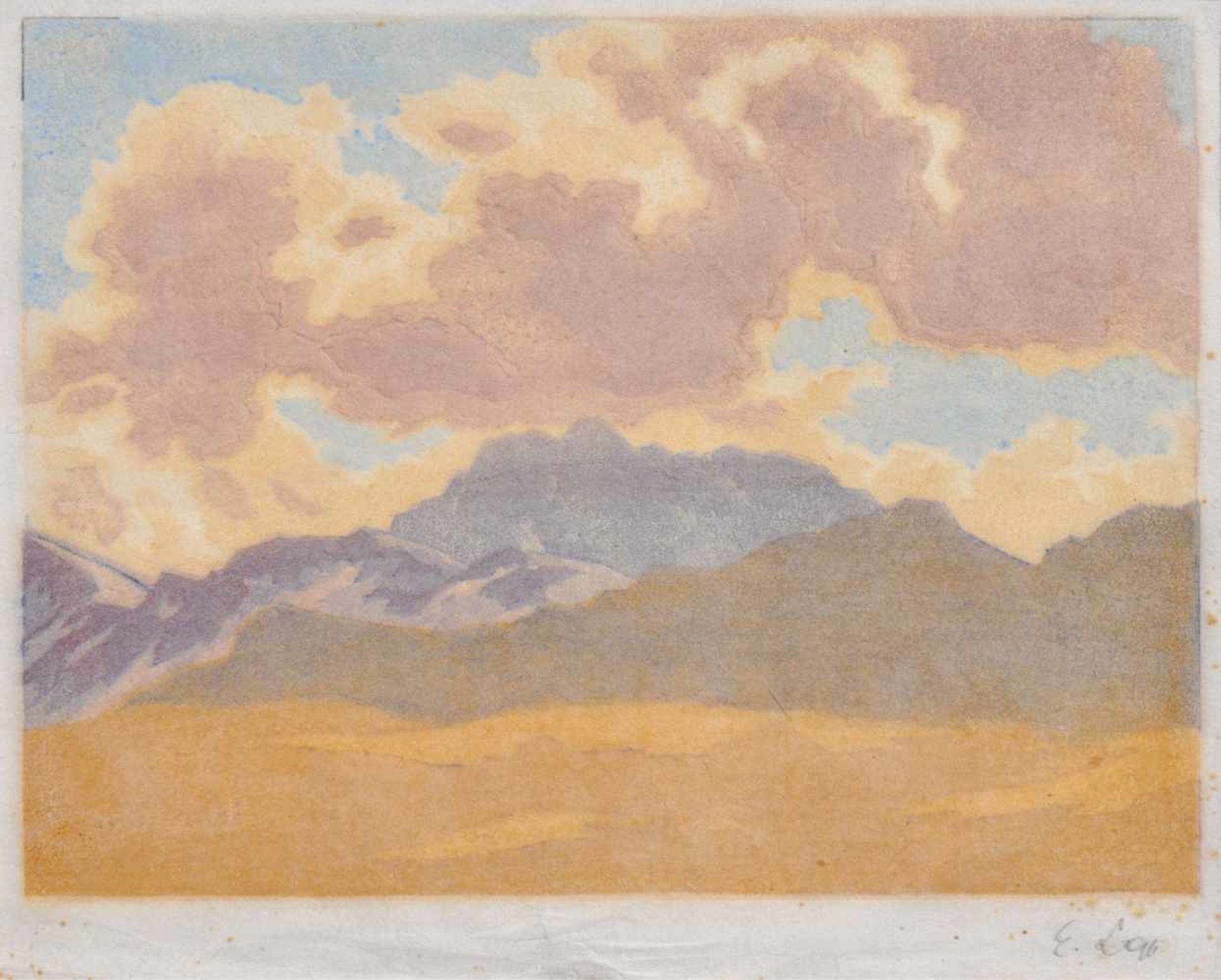 Engelbert Lap (Graz 1886  Innsbruck 1970)Wolkenstimmung in den Tiroler Bergen;Farbholzschnitt, 18,5