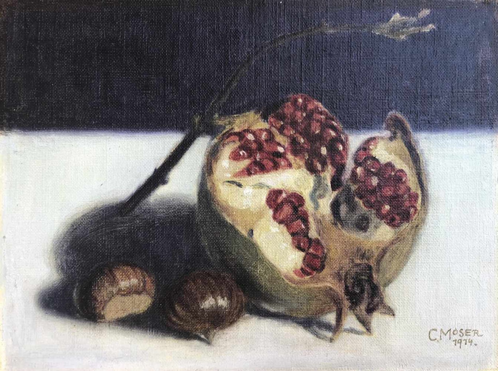 Carl Moser Stillleben mit Kastanien und Granatapfel, 1914;Öl auf Leinwand auf Karton, 19 x 25 cm,