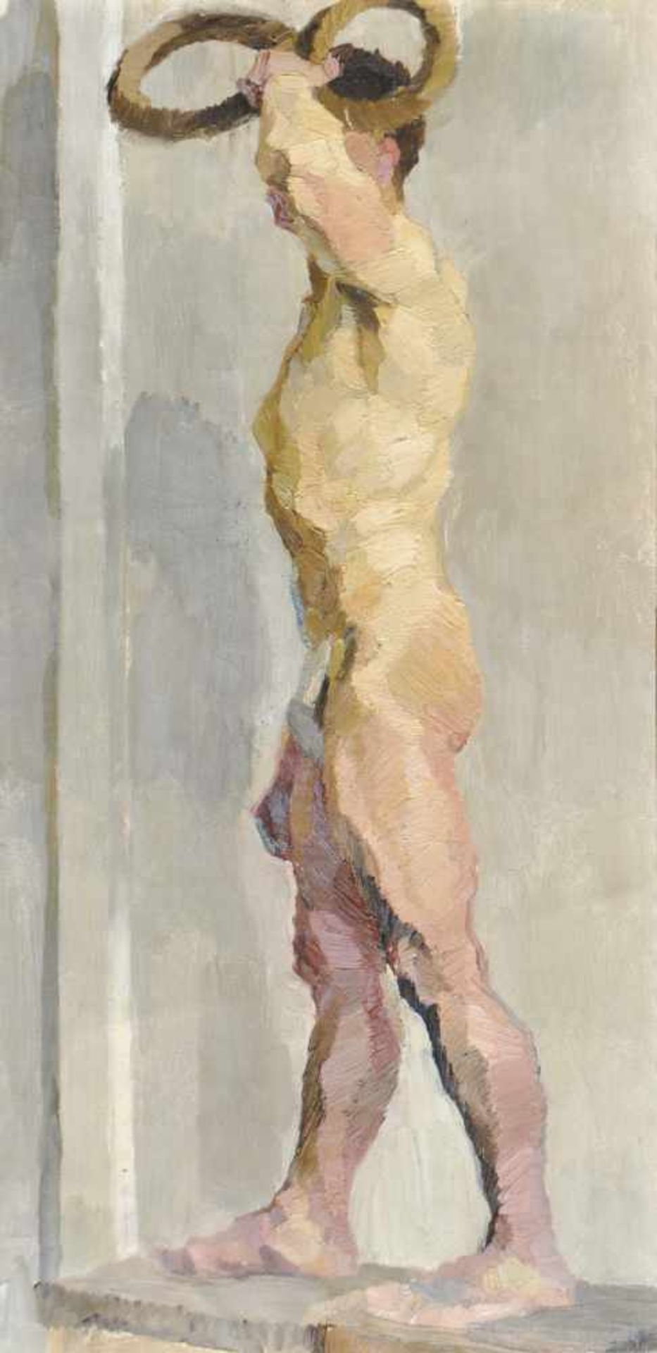 Leo Putz Meran/Merano 1869  1940)Männlicher Akt;Öl auf Leinwand auf Karton, 54 x 26 cm, gerahmt
