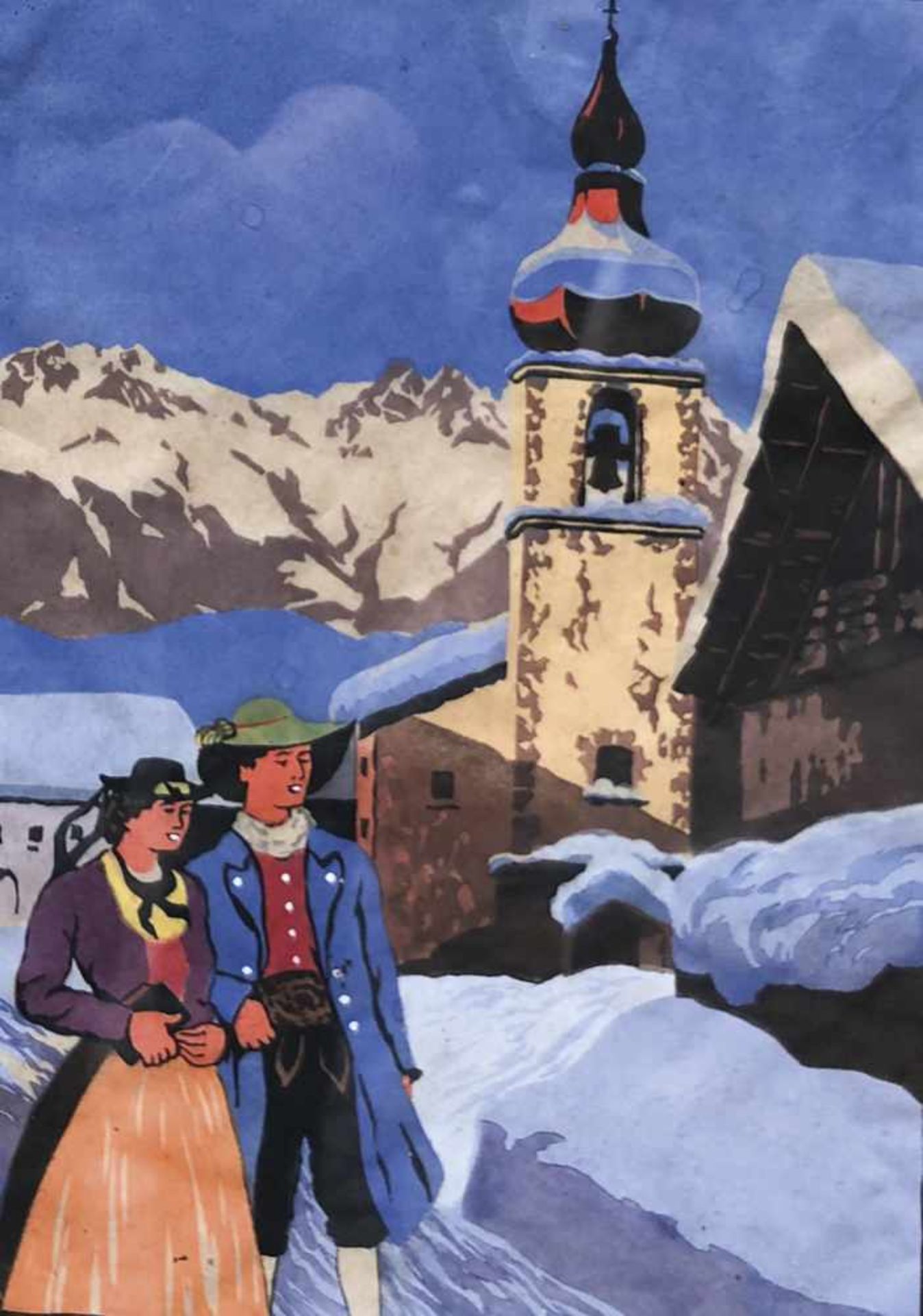 Sidonius Schrom (Wien/Vienna 1887  Innsbruck 1960)Sonntag in Tirol;Farbholzschnitt, 28 x 20 cm,