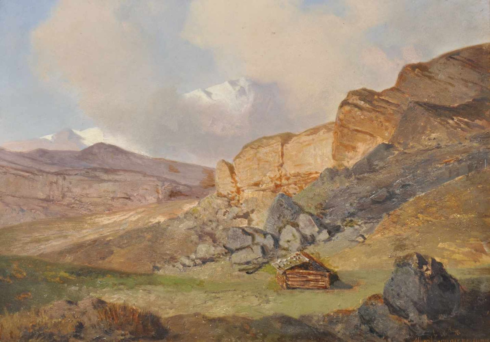 Albert Zimmermann (Zittau 1808  München/Monaco di Baviera 1888)Alpenlandschaft;Öl auf Holz, 31 x