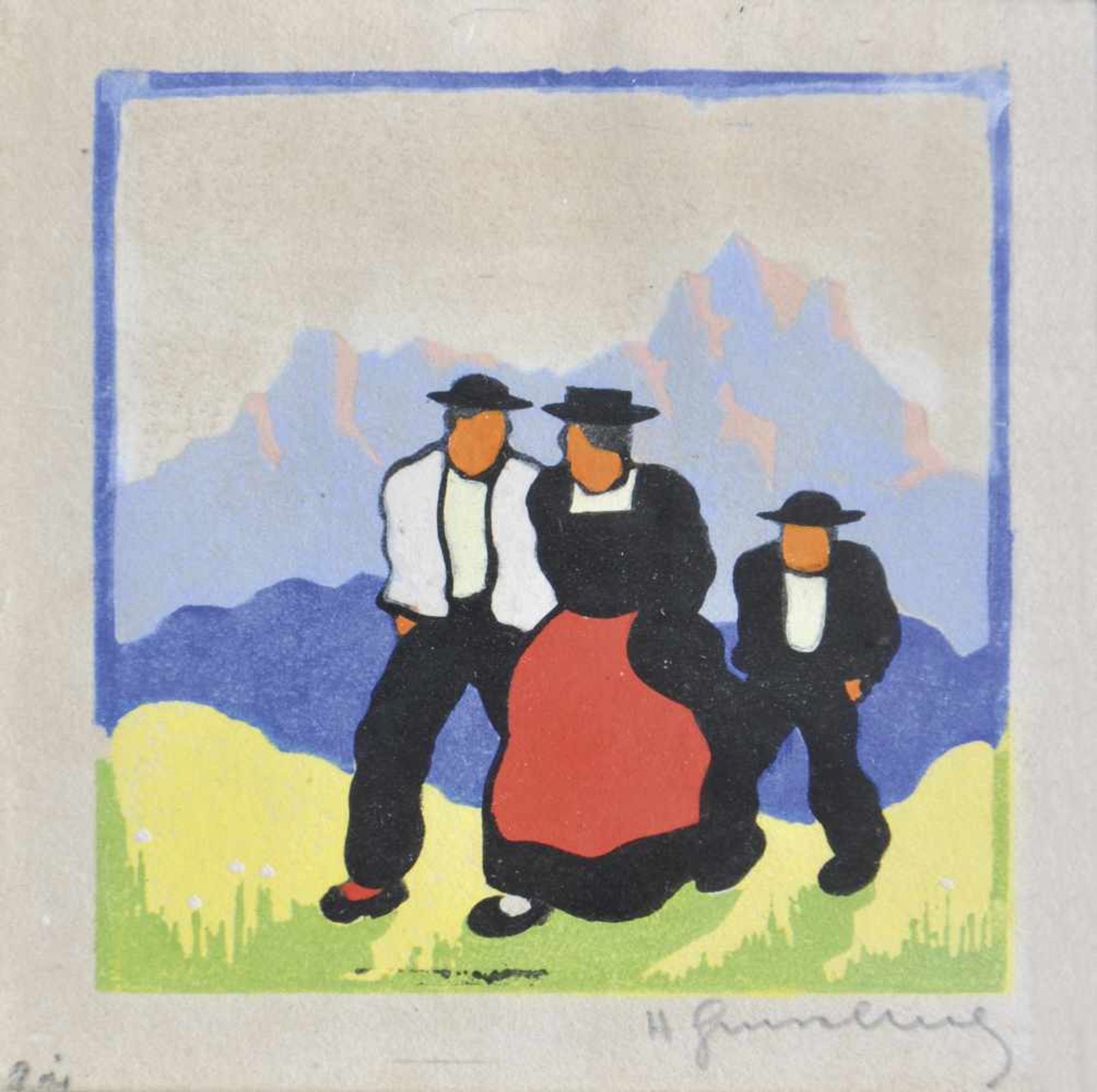 Herbert Gurschner (Innsbruck 1901  London/Londra 1975)Tiroler Bauernfamilie;Linolschnitt, 12 x 12