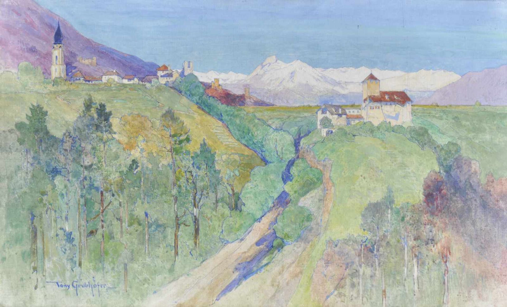 Tony Grubhofer Innsbruck 1854  1935)Eppaner Landschaft mit Schloss Warth und St. Pauls;Tempera