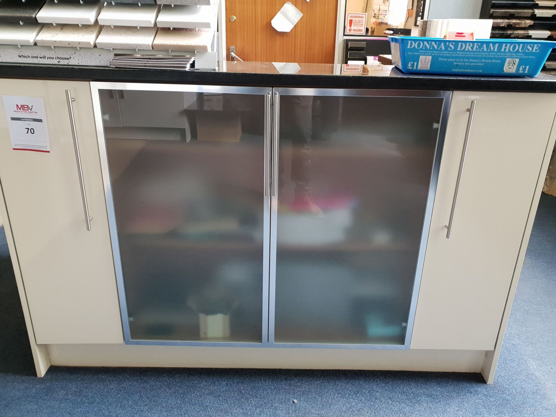 Reception Unit with Glazed Doors, Drawers and Cupboard.