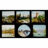 6 Large Hand-Painted Magic Lantern Slides, c. 1850-70Wood-framed, size of the frames: 5 frames of