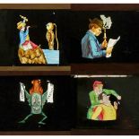 4 Single Slipping Slides 4 x 7 in., c. 1880Wood frame, motifs: dentist, diver, reader and "Old Tom",