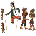 5 Shadow PuppetsTurkey. 4 shadow puppets, leather, hand-colored, "Karagheuz" and "Hadjivat",