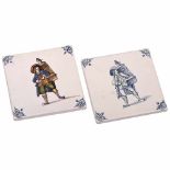 2 Tiles depicting Magic LanternistsMakkum DKV, Netherlands. Size 5 x 5 in., one hand-colored, the