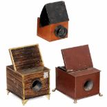 3 Camera Obscuras1) Small camera obscura, wood box with lens, mirror, ground-glass, size of the