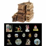 Approx. 44 Mechanical Lantern Slides, c. 1880-1900Wood-framed lantern slides, sizes 12 of 7 x 4 in.,