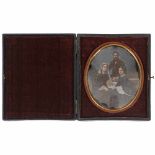 Hand-Tinted Oval Daguerreotype, c. 1845-50England. ¼ plate (3 ½ x 2 ¾ in.), portrait of two ladies