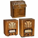 3 Philips Radio Receivers1) 2540, portable, 4 tubes, MW + LW, battery-operated, wood case, with