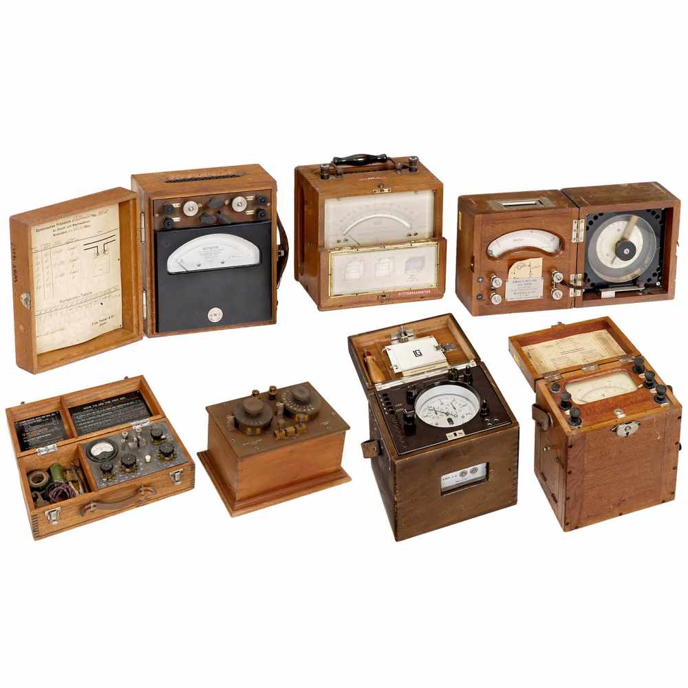Group of 7 Historical Measuring Instruments1) Test Set Demolition MK.I, with Wheatstone bridge and