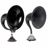 2 French Radios Horn Loudspeakers, c. 19251) Gaumont, Paris. "Elgevox", no. 2823, metal horn, Ø 15 ½