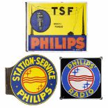 3 Philips Enamel Advertising Signs, c. 19401) "Philips TSF", double-sided, 25 3/5 x 18 7/8 in. -