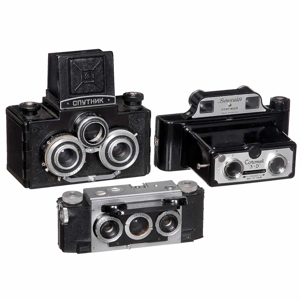 3 Stereo Cameras1) David White Co., Milwaukee. Stereo Realist 3,5, c. 1950, for 35mm film, size 24 x