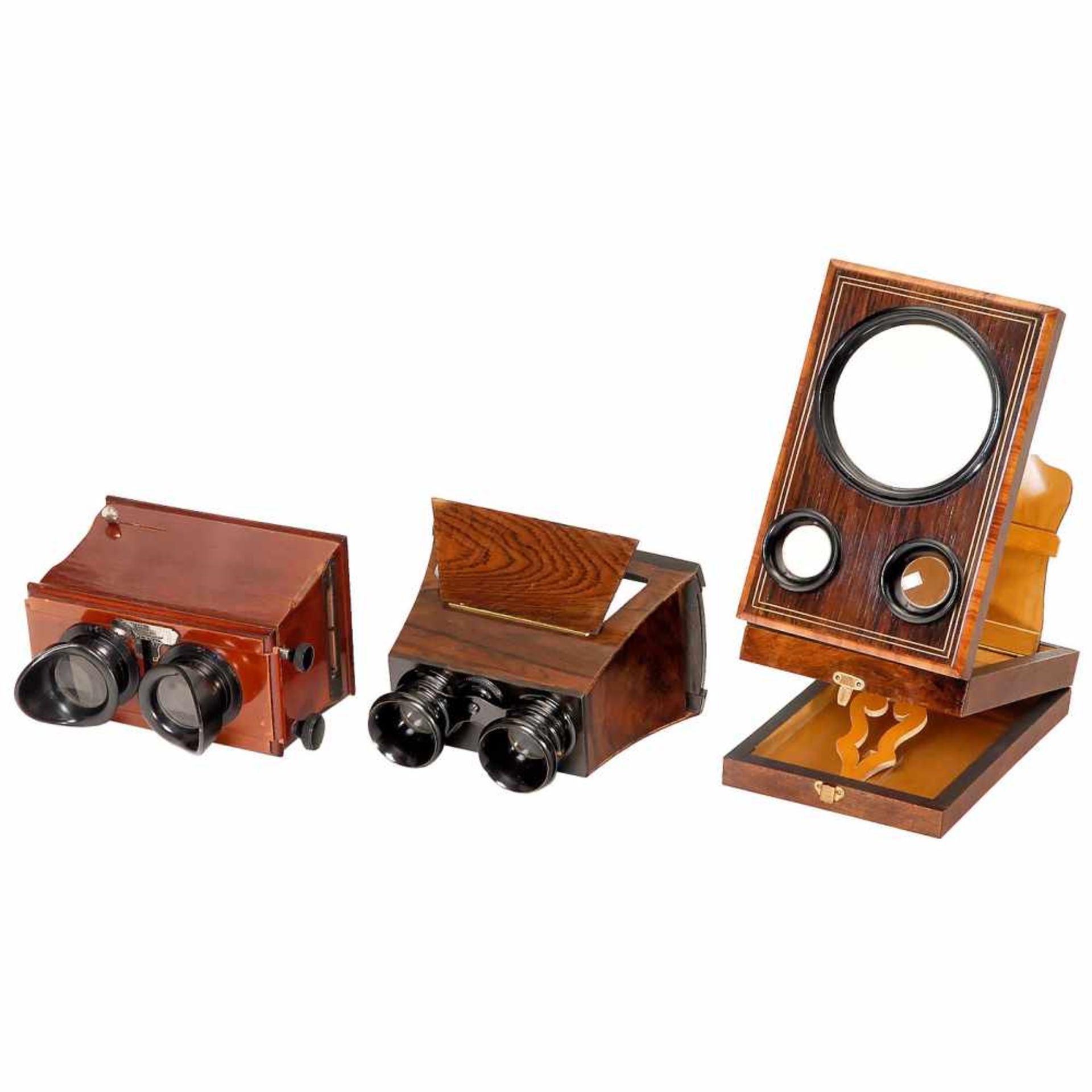 3 Stereo Viewers1) Stéréoscopes, Paris. Planox, c. 1920. For stereo slides of 6 x 13 cm, mahogany,