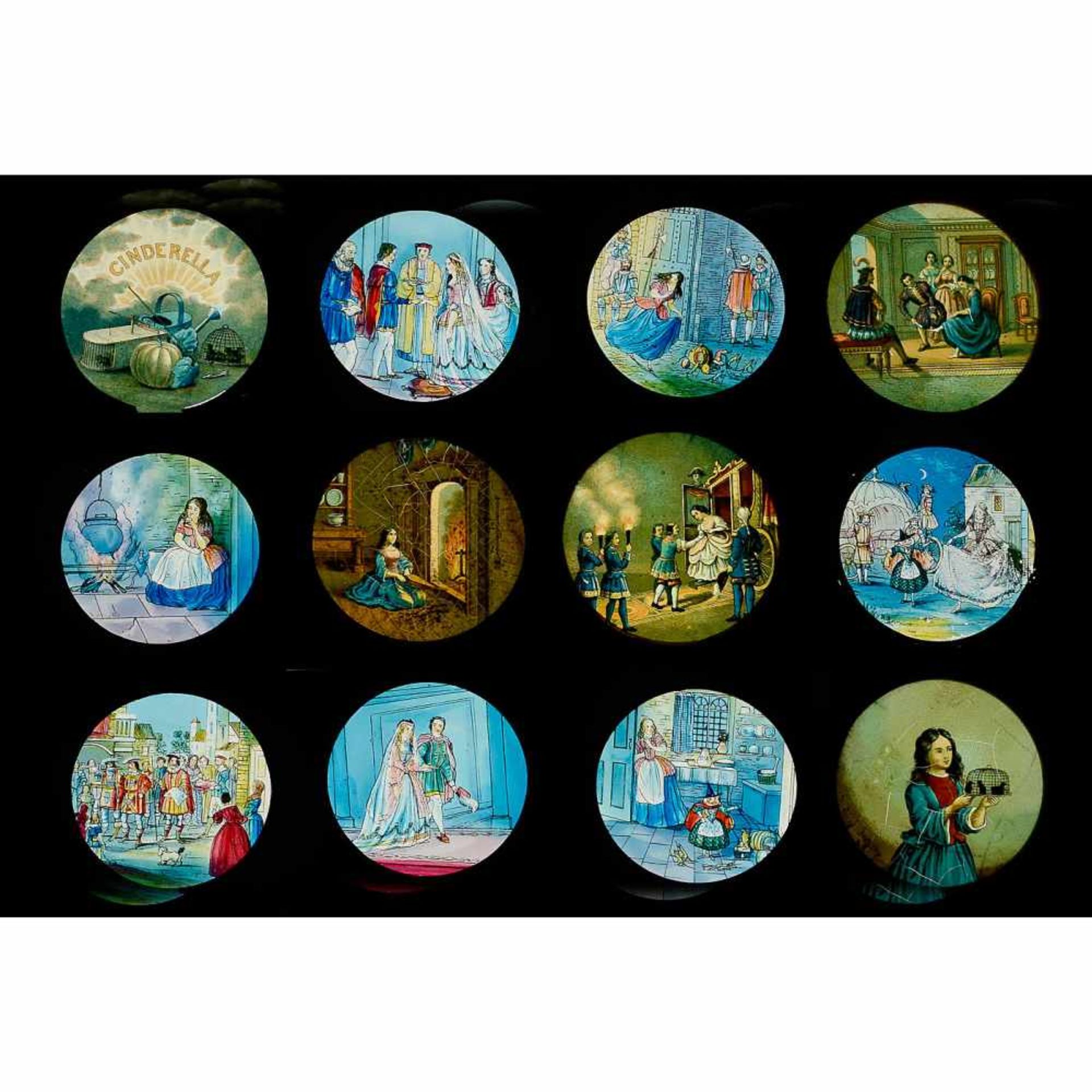 Lot Magic Lantern Slides1) Wood-framed slides "Cinderella", c. 1870–80, 12 slides of 4 x 7 in., some - Bild 2 aus 6