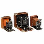 3 Deluxe Plate Cameras, 1910–19261) Ica, Dresden. Favorit Tropical (No. 266), c. 1910, size 9 x 12