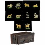 5 Rare Double Magic Lantern Slides, c. 1820–50Presumably France. Frame size 6 ¼ x 3 4/5 in., dark-