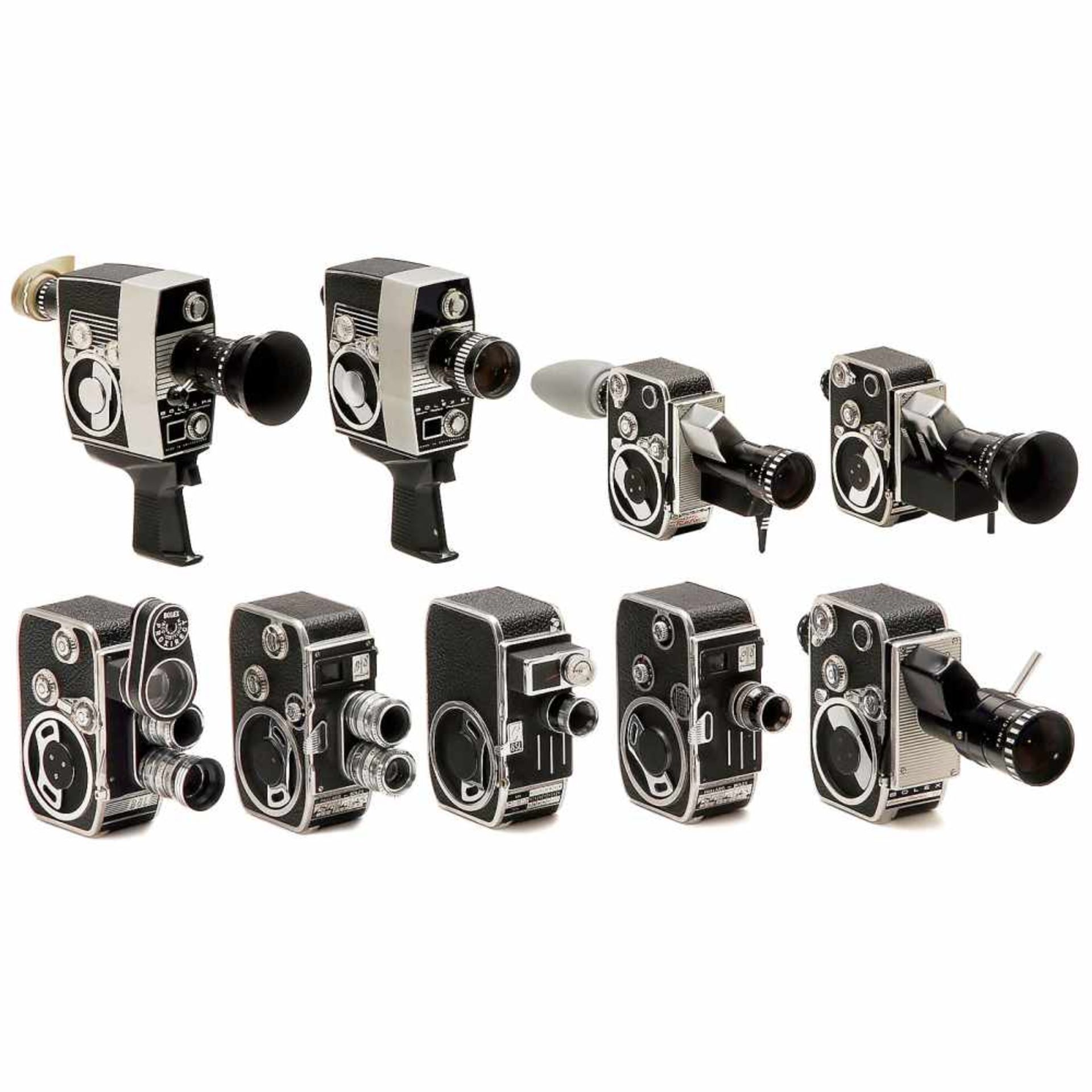 9 Bolex Double-8 Movie Cameras, 1955–65Paillard, Switzerland. 2 x 8 mm for 7,5m spools, with zooms