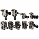 9 Bolex Double-8 Movie Cameras, 1955–65Paillard, Switzerland. 2 x 8 mm for 7,5m spools, with zooms