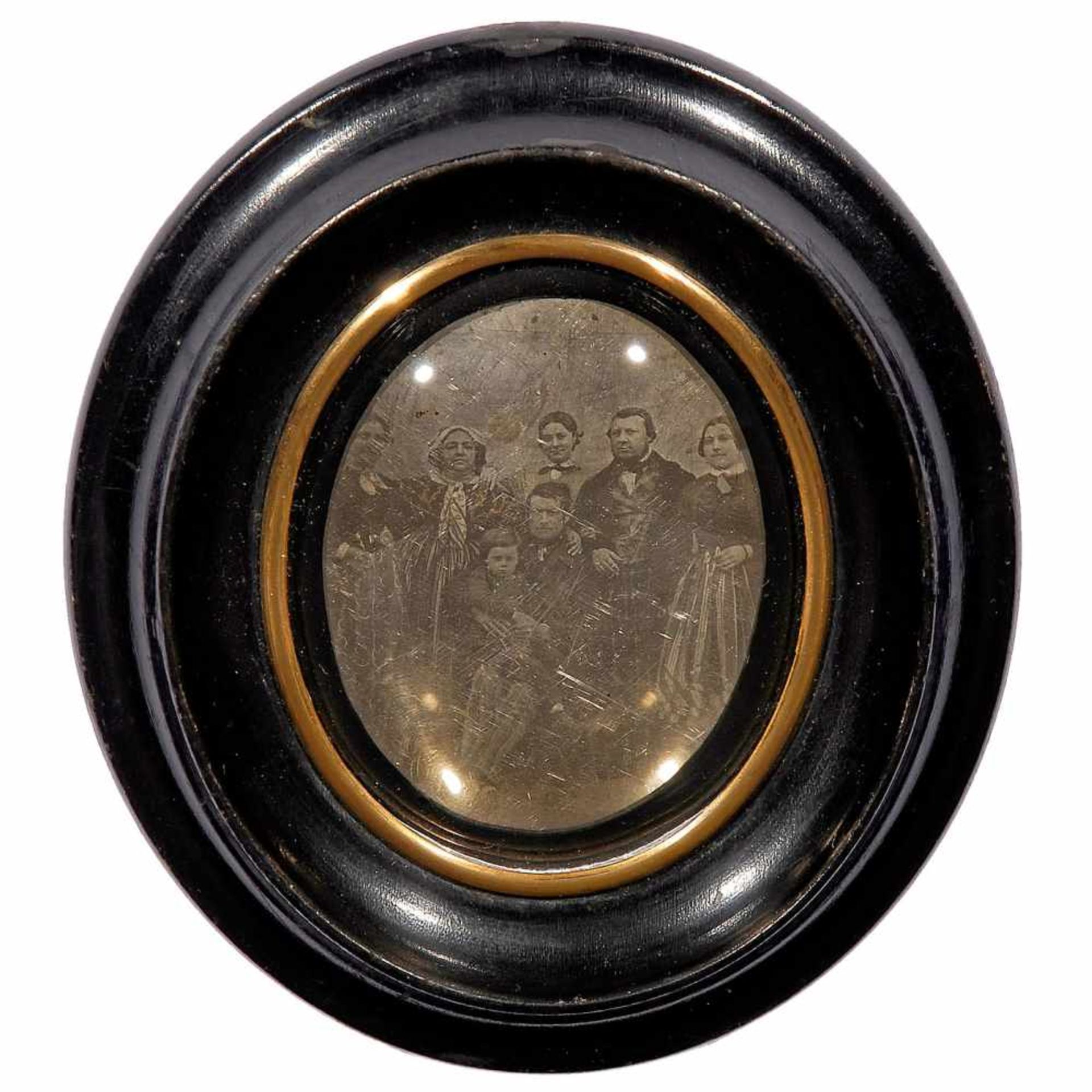 Oval Daguerreotype, Group Portrait, c. 1845–50Anonymous, size 2 ¾ x 2 ¼ in., 6 adults and a child,