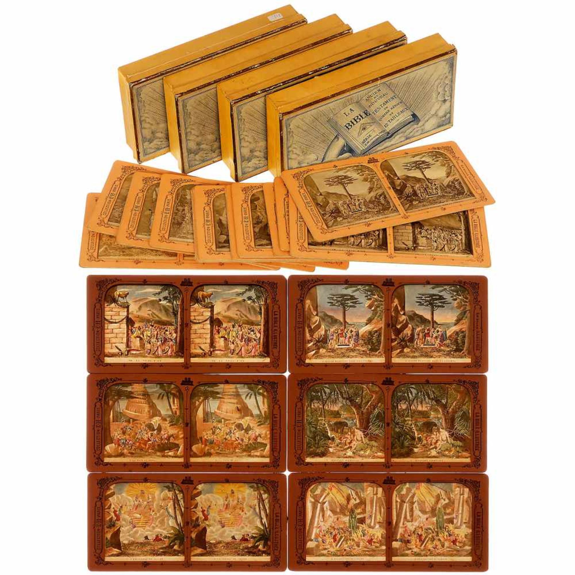"La Bible Illustrée" Tissue Stereo CardsCollection E.H. Paris. 4 card boxes, series I–IV, each