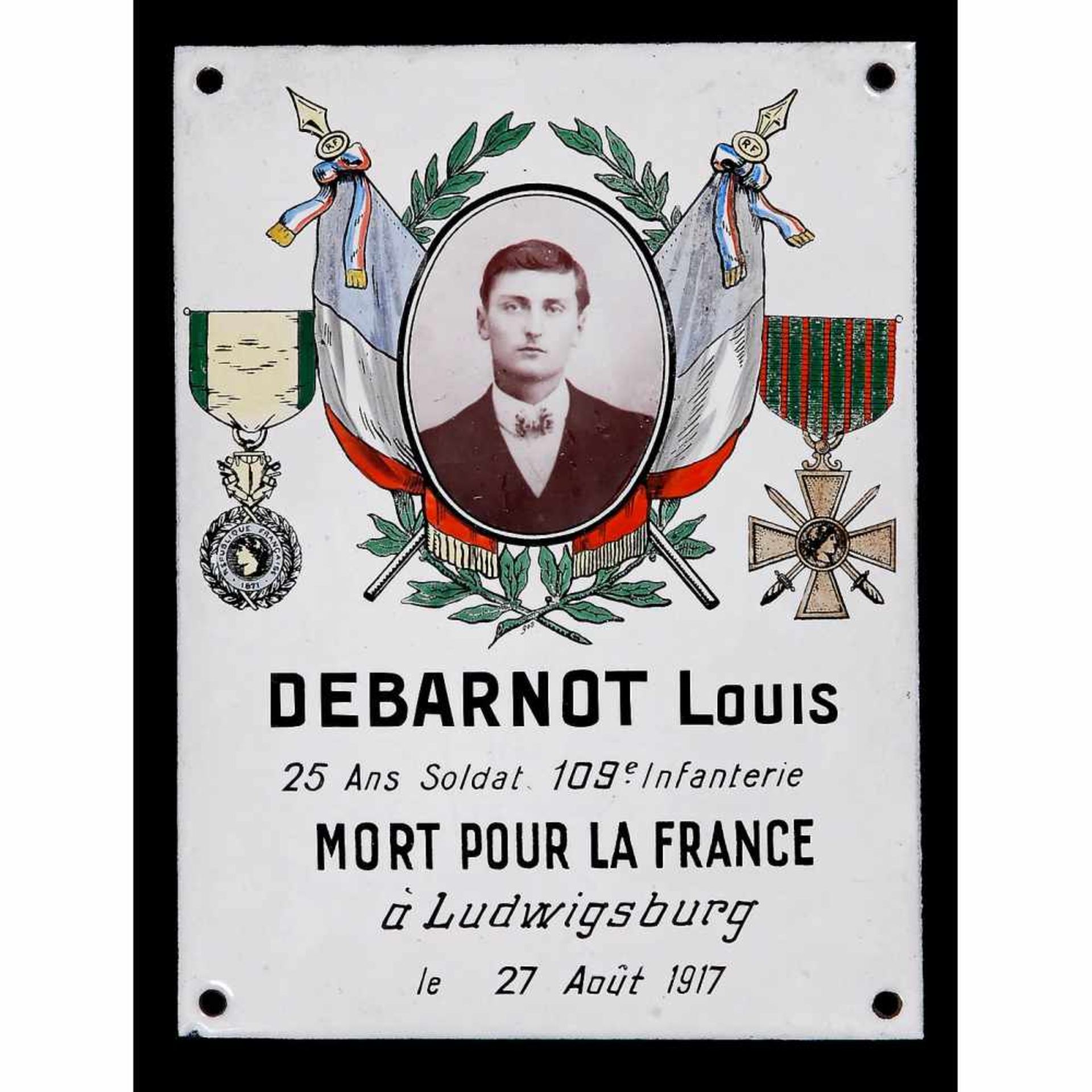 Commemorative Photographic Plaque for French Soldier, 1917Portrait 2 1/3 x 3 1/6 in. of Louis