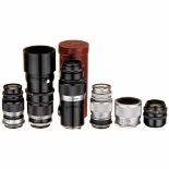 5 Screw-Mount Lenses for Leica1) Elmar 4/9 cm, no. 676273, 1948, black/chrome. (1-/1-) – 2) Elmar