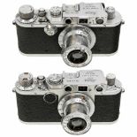 Leica III (F) and IIfLeitz, Wetzlar. 1) Leica III (F), 1934, no. 141390, chrome, Elmar 3,5/5 cm, no.