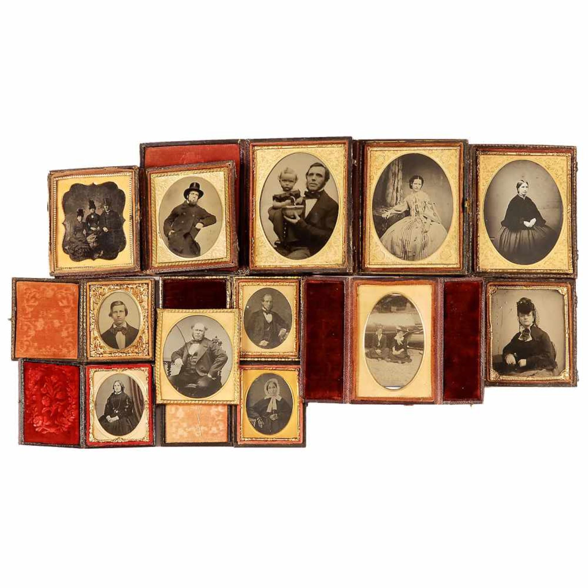 12 Ambrotypes, c. 1850–60England or USA. 1/8 plate to ¼ plate, 10 with cases, some hand-tinted, 1