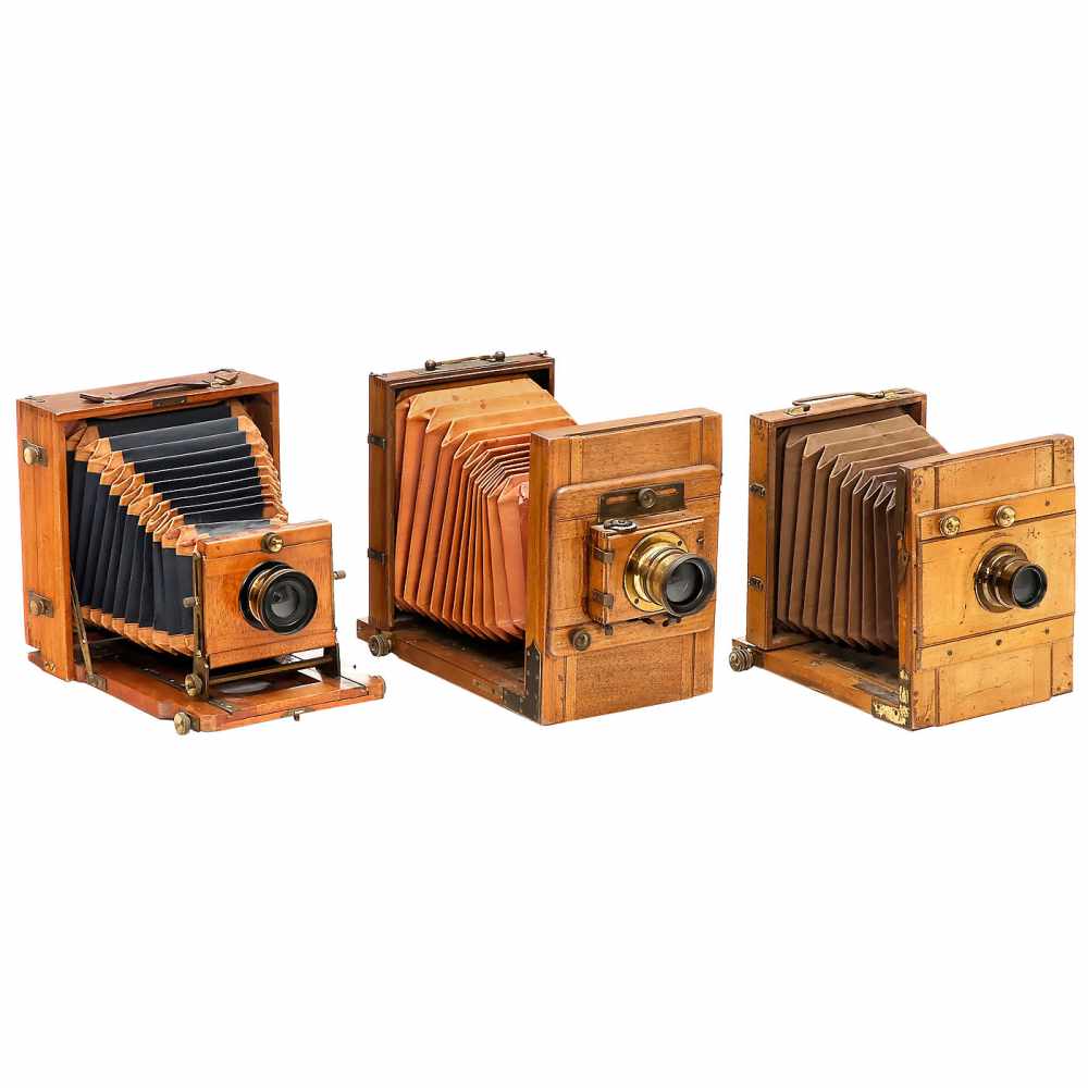 3 Field Cameras 13 x 18 cm, c. 1870–90Unmarked, plate size 13 x 18 cm, polished wood with brass