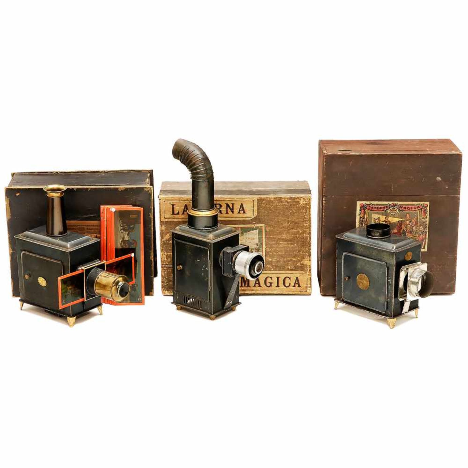 3 Magic Lanterns by Plank and Carette1) Georges Carette, Nuremberg. Magic lantern for slides with