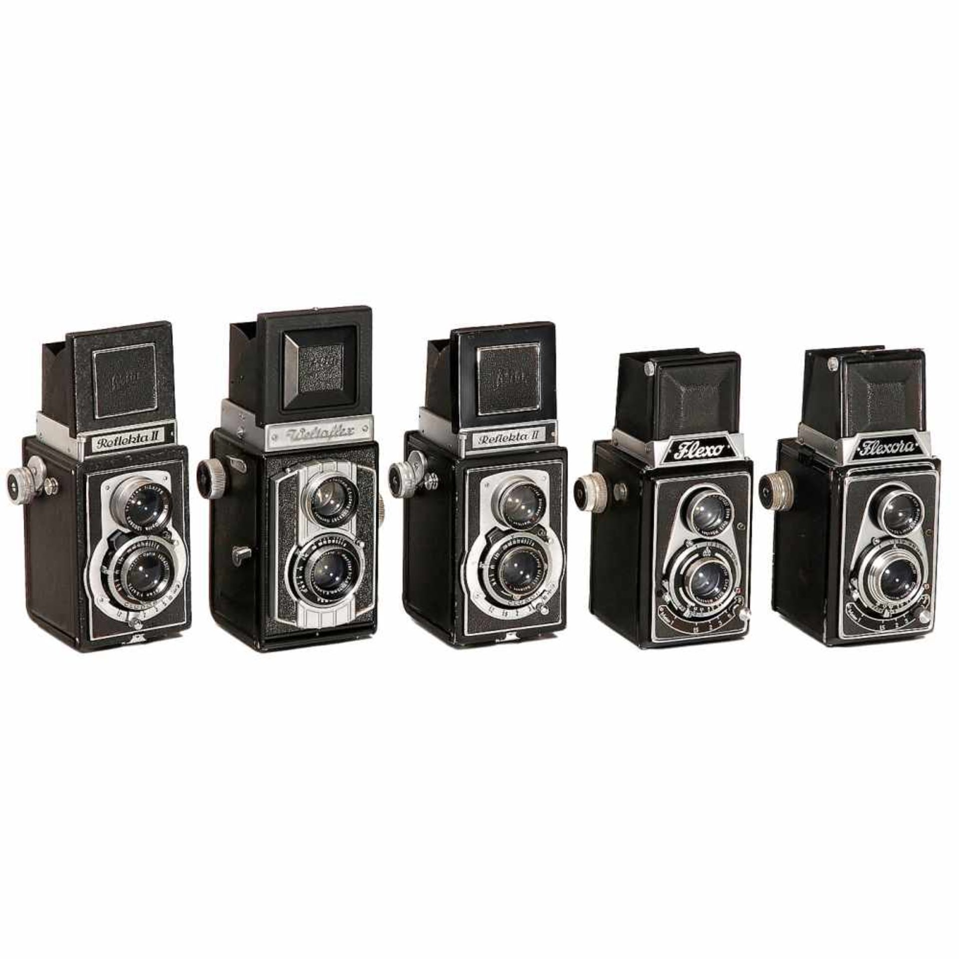 5 TLR 6x6cm Cameras1–2) Lippische Camerafabrik, Barntrup. Flexo, c. 1949, Ennar 3,5/7,5 cm in