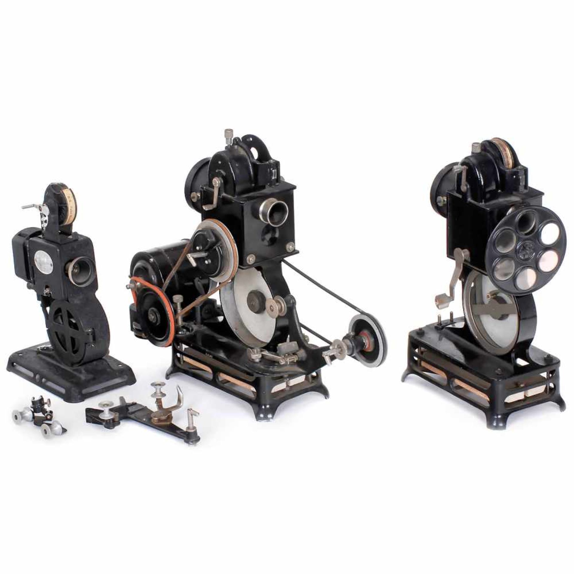 3 Movie Projectors for 9,5mm Film, c. 1924Pathé, Paris. 1) Pathé Baby with long film system and