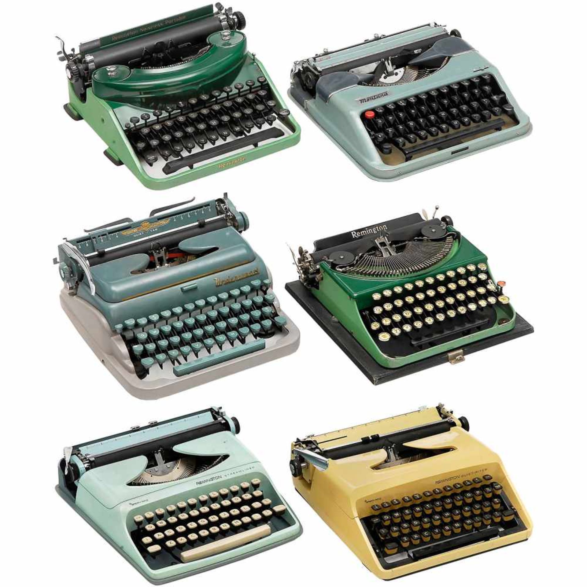 6 American Portable Typewriters1) Remington Noiseless, green. - 2) Montana, blue. - 3) Underwood