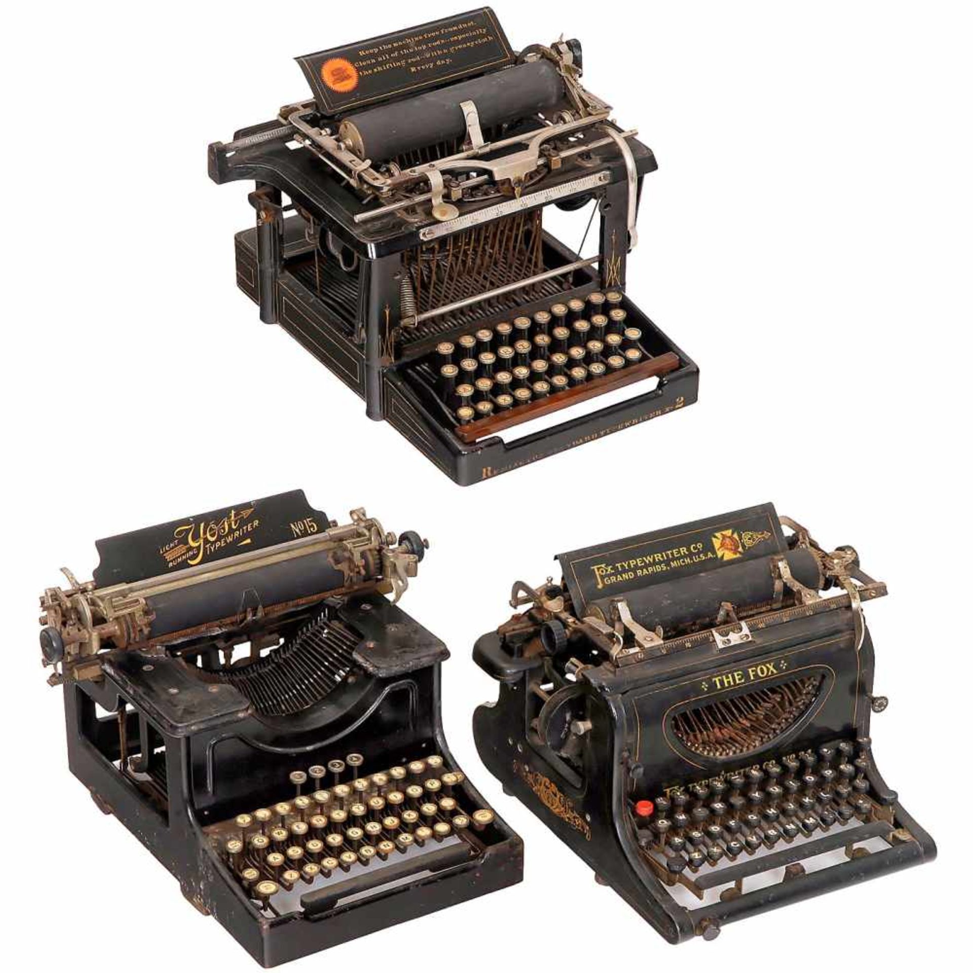 3 American Typewriters1) "Remington Standard No. 2", 1890. Early American upstroke machine,