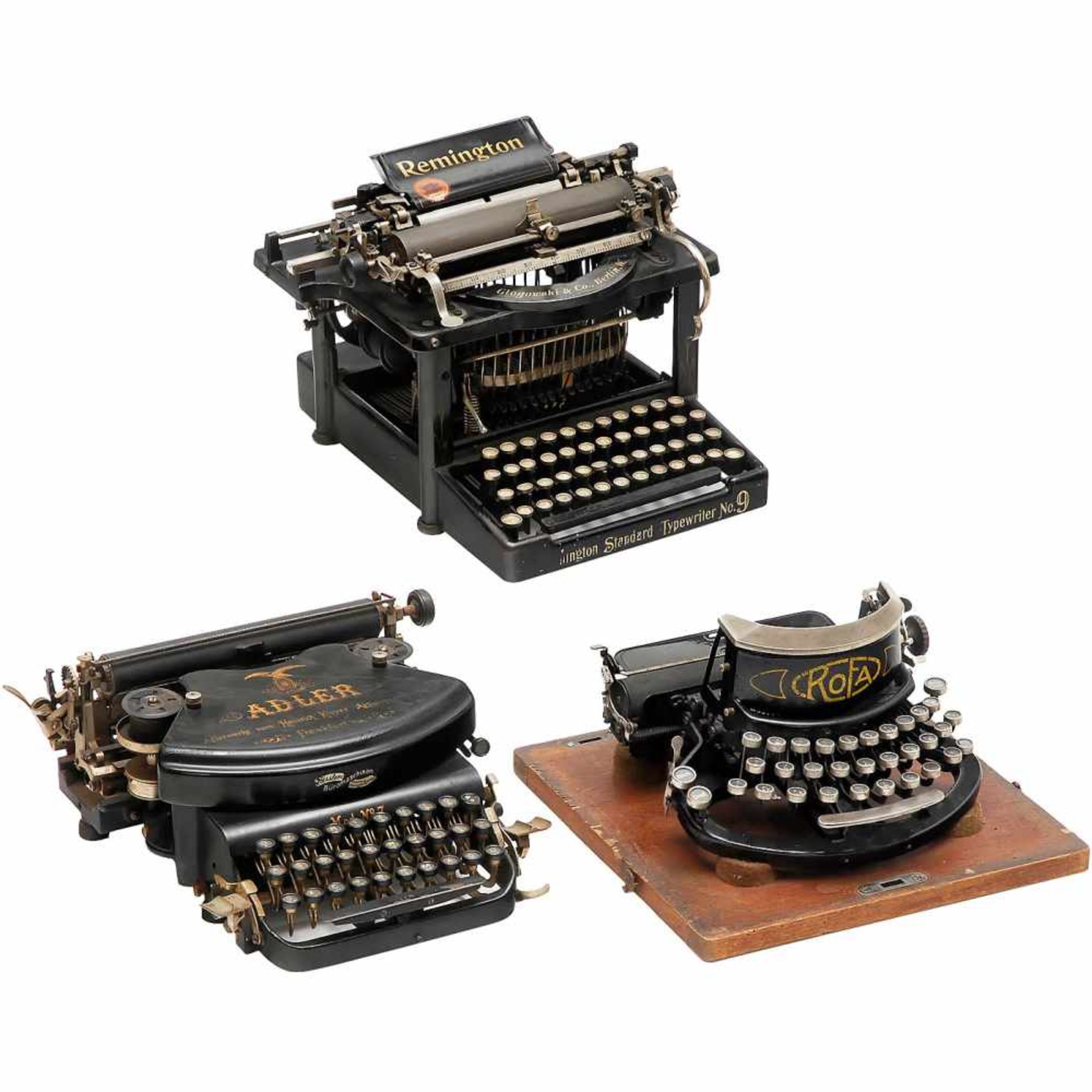 3 Typewriters1) Robert Fabig GmbH, Neuruppin, Germany. Rofa, c. 1925, curved keyboard, ink-roller