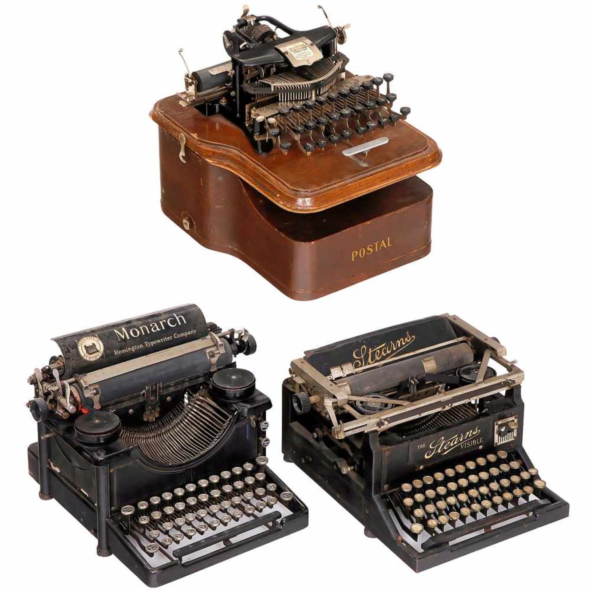 3 American Typewriters1) Postal Mod. 5, 1904, typewheel machine, invented by William P. Quentell and