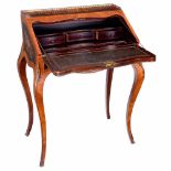 French Ladies Writing Desk, c. 1880Floral inlaid walnut, marquetry surrounded by brass borders,