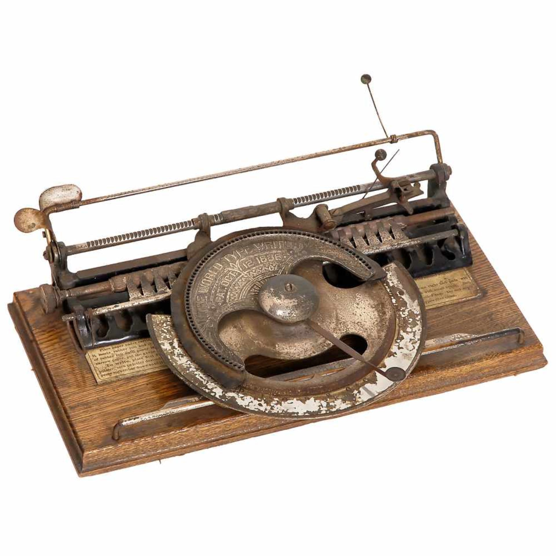 The World Typewriter Mod. 2, 1886American index typewriter with a semi-circular type plate, patented