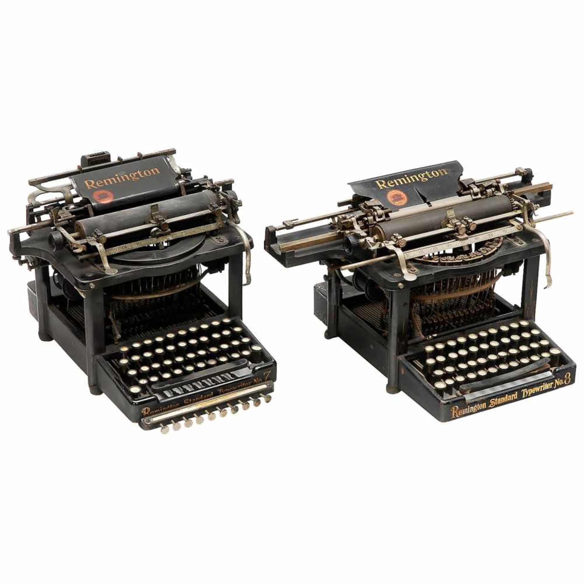 2 Remington Typewriters, c. 1906American upstroke machines with wood typebars. 1) Remington No. 7,