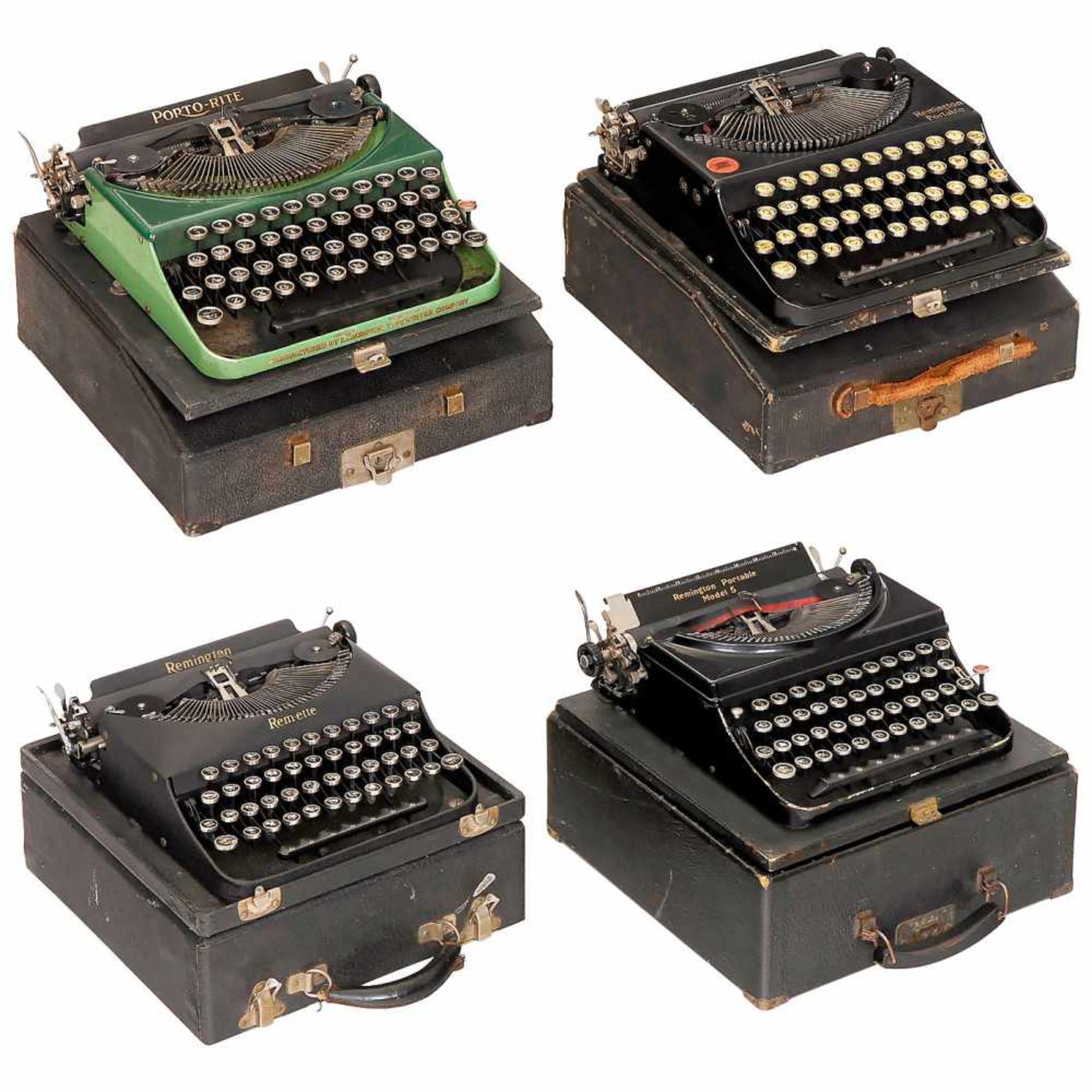 4 Remington Portable Typewriters1) Porto-Rite, green. - 2) Portable. - 3) Rem-ette. - And: 4)
