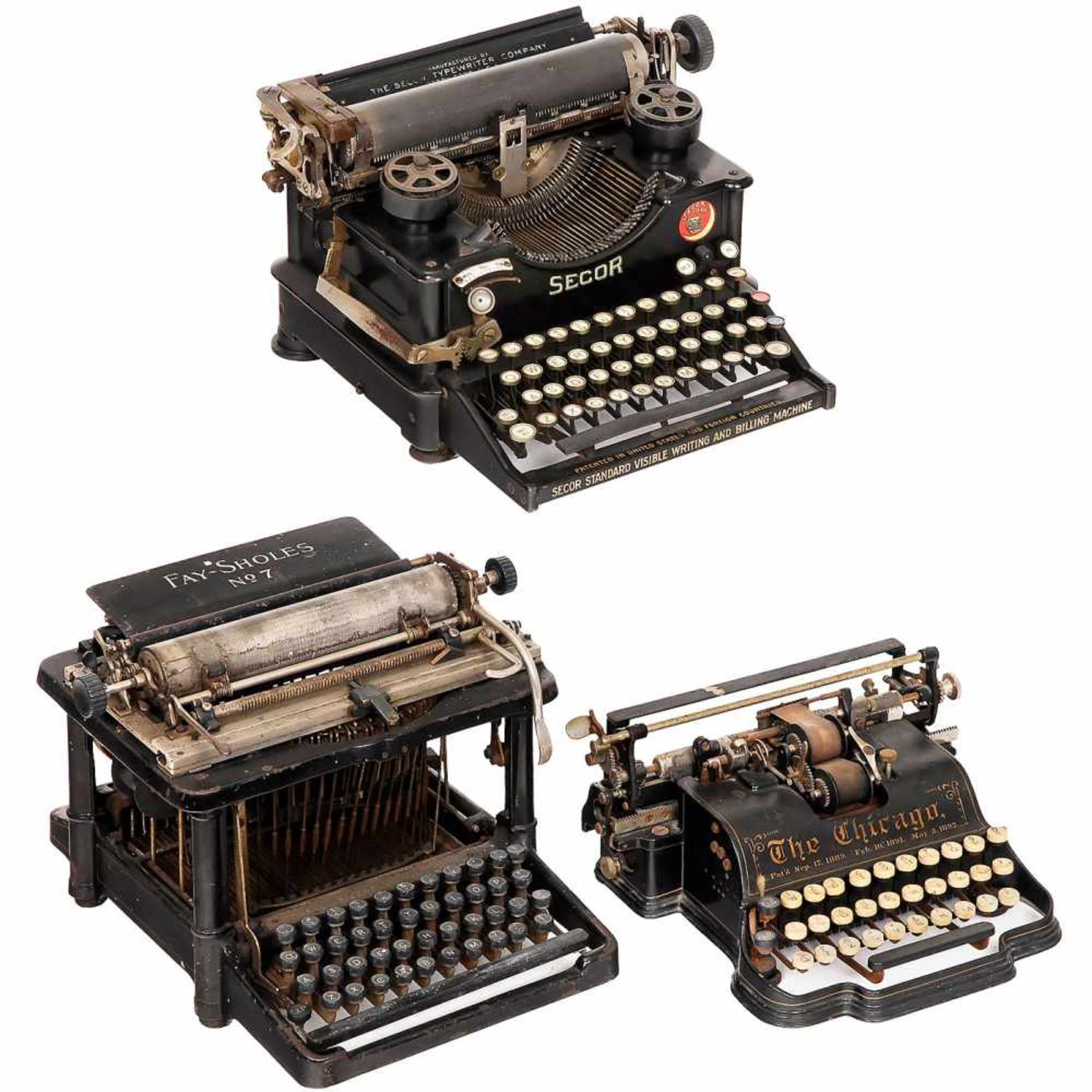 3 American Typewriters1) The Chicago typewriter, 1889, very desirable American typesleeve machine