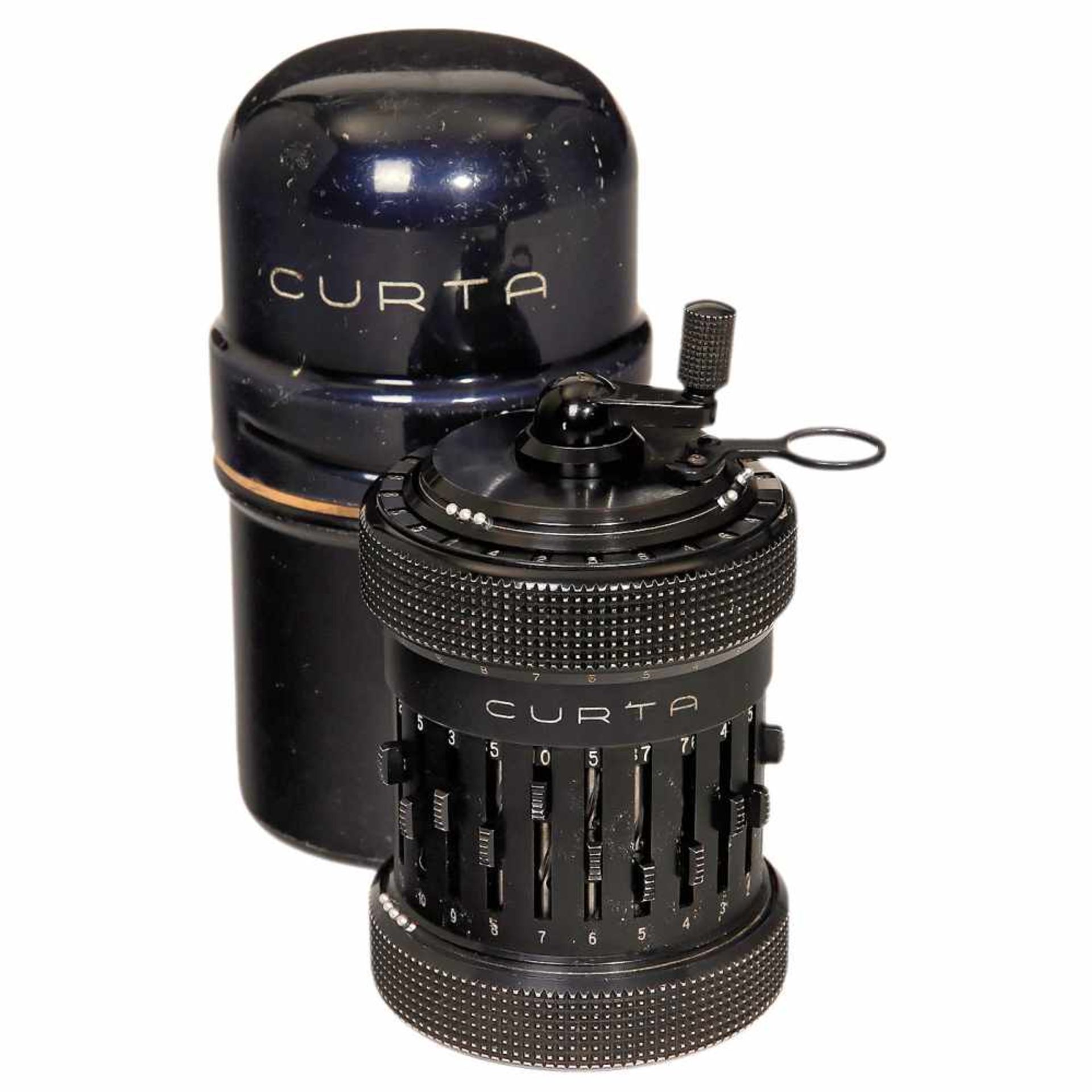 Curta Type II Calculator (Black), 1954Curt Herzstark, Liechtenstein. With original tin case with