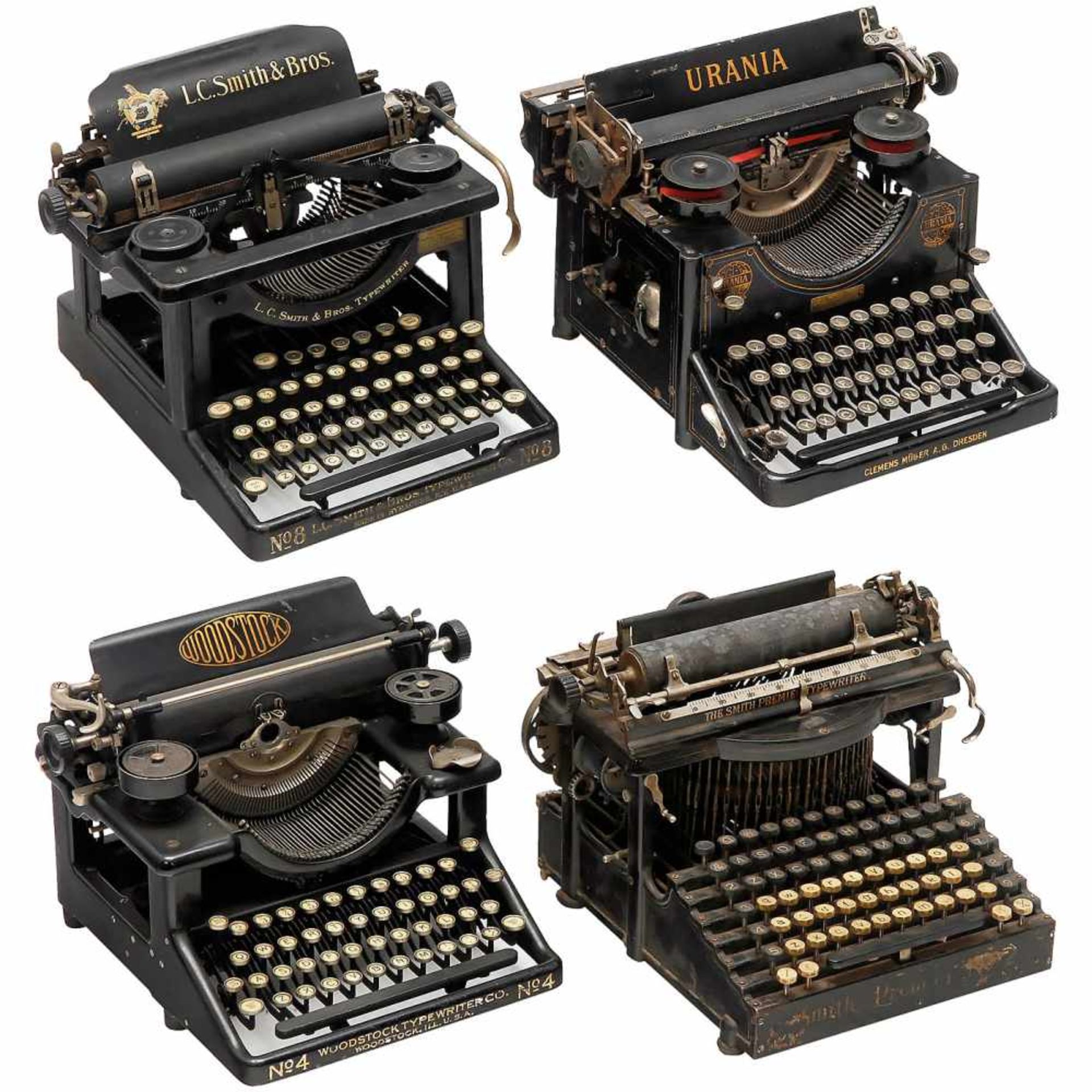 4 Typewriters1) Smith Premier No. 2, 1897, no. 17409, very popular American upstroke machine with