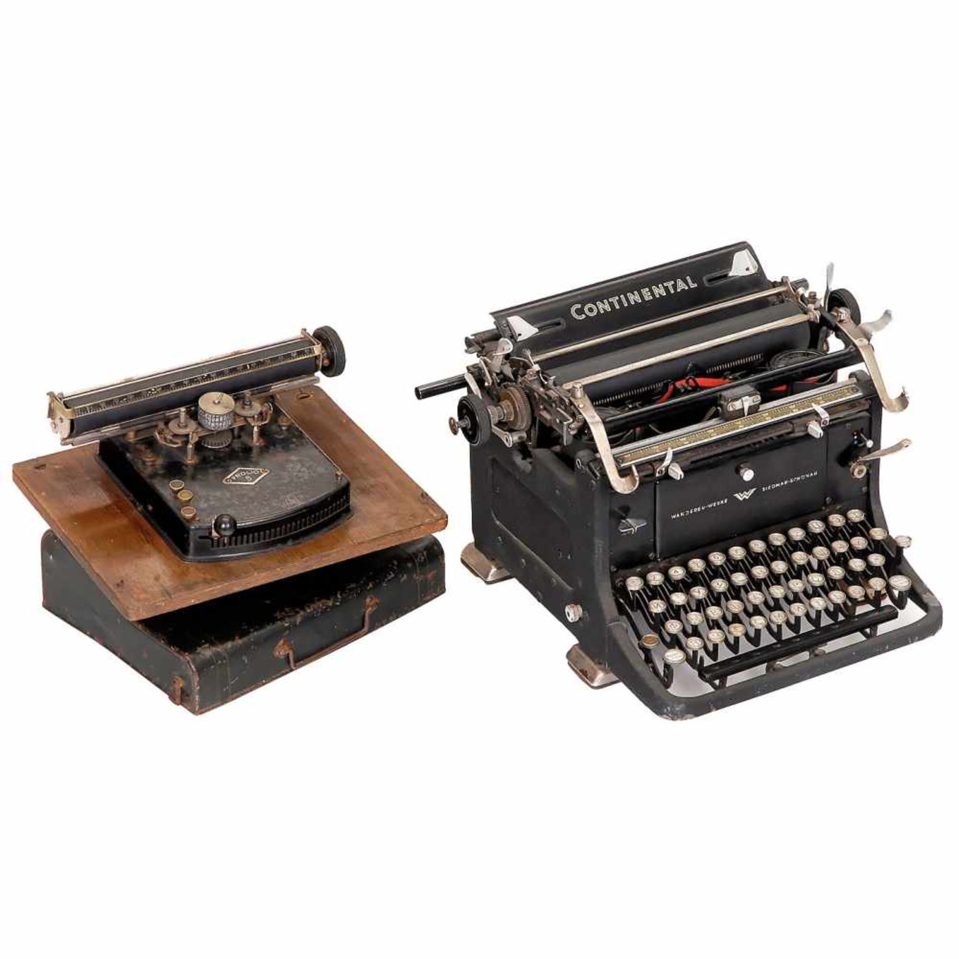 Frolio 5 and Russian Continental Typewriters1) Frolio 5, German typewheel machine, c. 1925. - And: