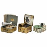 3 Toy Gramophones, c. 19251) Pygmomall, CIC, France. Lithographed tin, suitcase-shaped case,